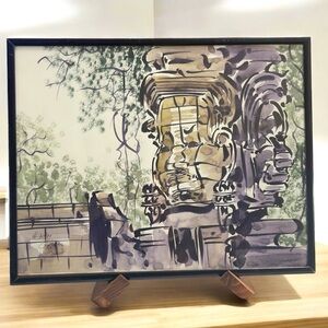 Hand painted water color Buddha face made in Cambodia artist signed 2004